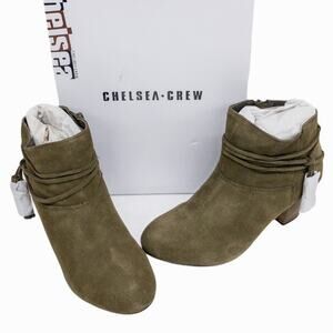 Chelsea Crew Bash Khaki Almond Toe Suede Leather Low Heel Ankle Boots Women's 7